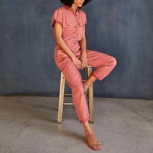 Outerknown Sea Jumpsuit Mineral Red Button Linen Short Sleeve Coveralls Boho